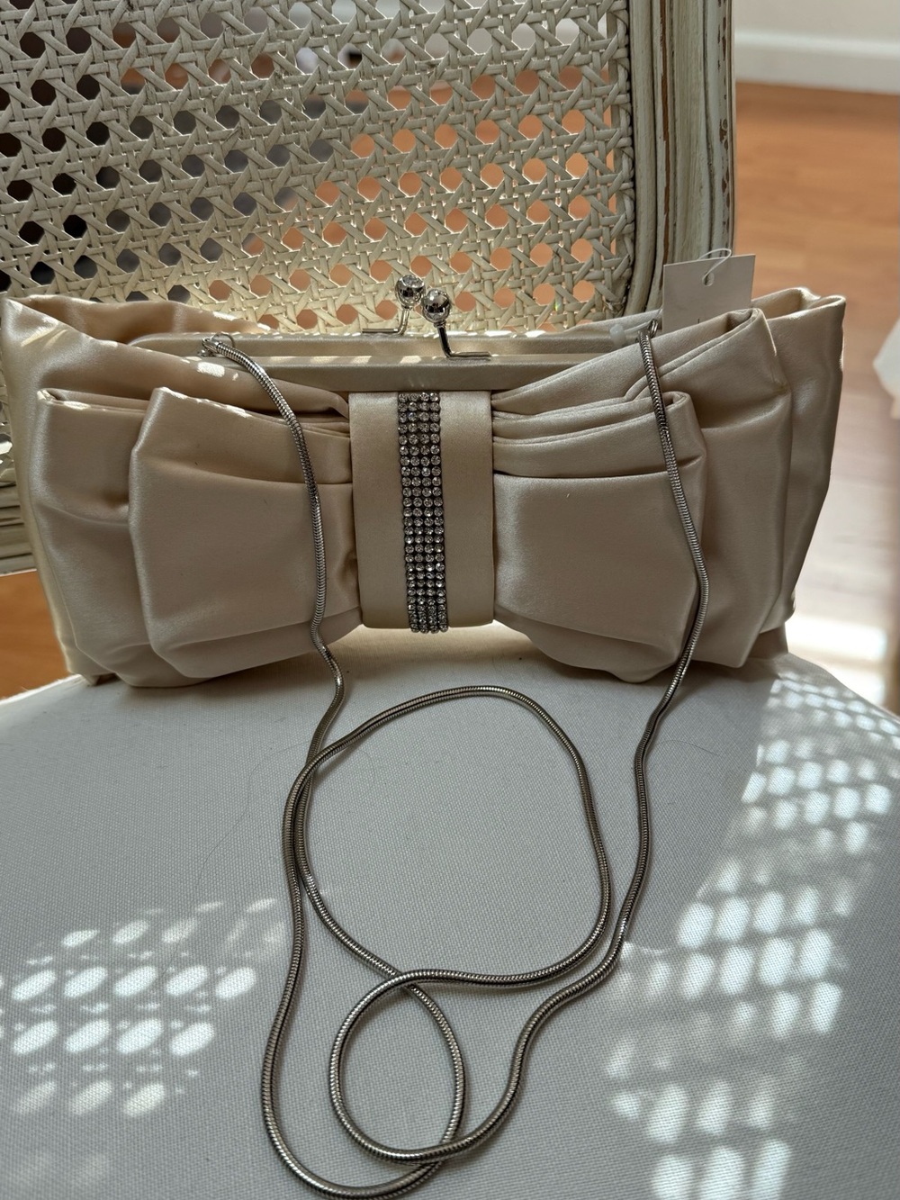 Satin Pearl Bow Clutch with Rhinestone Accent - Pearl